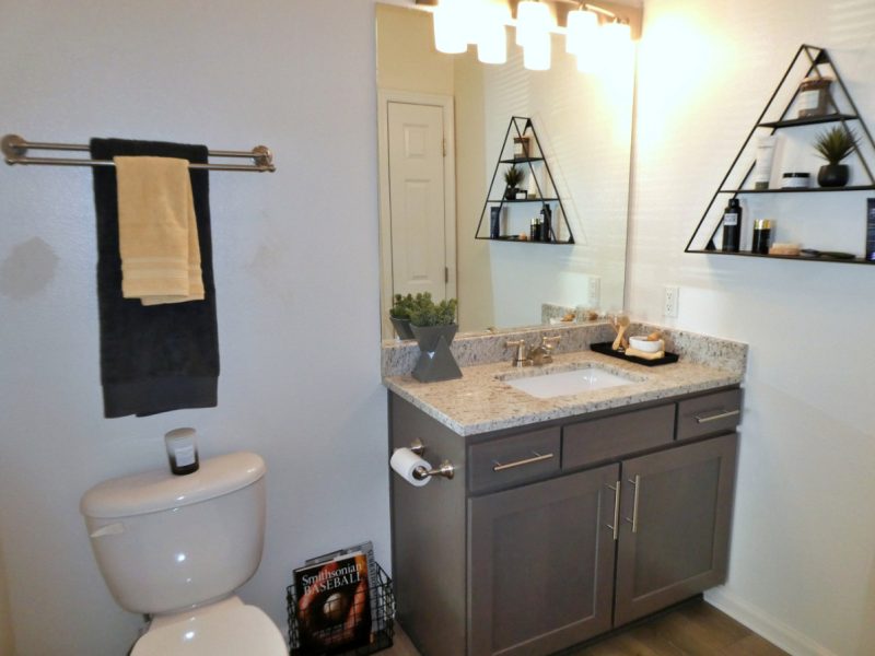 This image shows a contemporary bath that is spacious and accessible utility. It has quartz countertops, ceramic tile floors, and an ideal bathroom mirror.