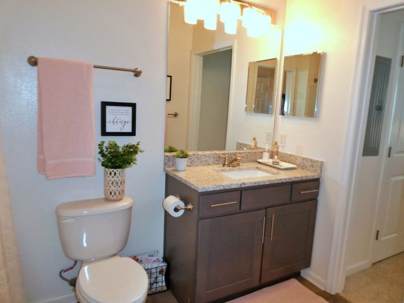 This image shows a contemporary bath that is spacious and accessible utility. It has quartz countertops and ceramic tile floors.