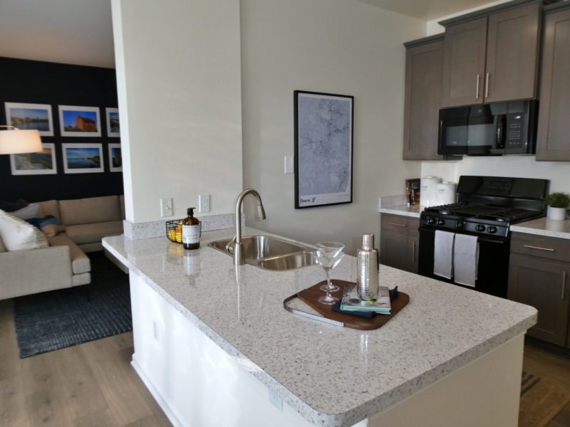 This image shows the Premium Apartment Feature, especially the kitchen island showcasing a granite-inspired countertop, and neat interior design. The kitchen area was also accessible directly to the living room area.