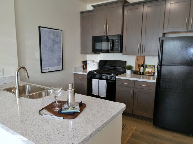 This image shows an expansive view of the Premium Apartment Feature, especially the kitchen island showcasing a neat granite-inspired countertop, and accessible kitchen pieces of equipment.